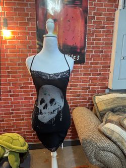Black Skull Slip Dress with Lace Trim – XS