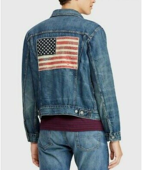 POLO RALPH LAUREN DENIM TRUCKER JACKET USA POLO RL FLAG MEN SIZE MEDIUM