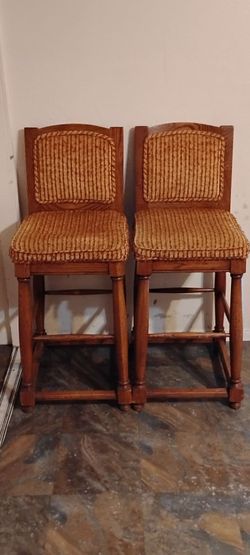 Pair of Wood Bar Stools with Upholstered Seats