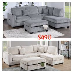 Gorgeous 3-Pc Corduroy Sectional Sofa With Storage Ottoman and USB Port
