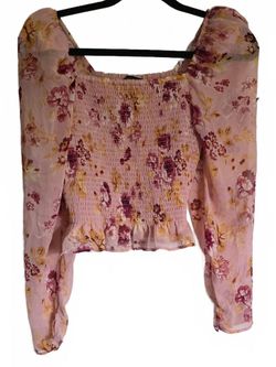 Express Pink Floral Smocked Peplum Blouse Puff Sleeve Top XS