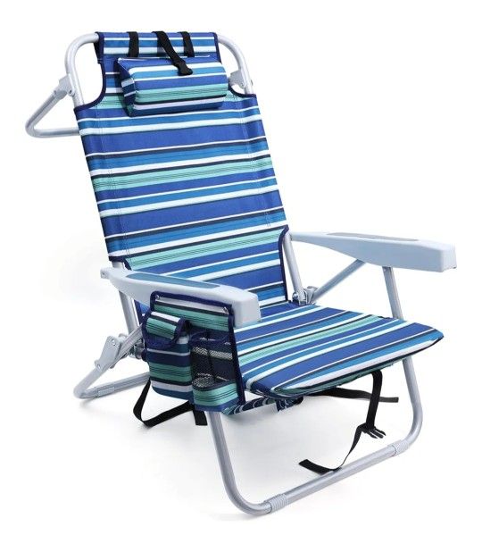 2 Beach Chairs for Adults Heavy Duty, Compact Portable Lay Flat Folding Chair with Backpack Straps and Large Cooler Pouch, Support to 350LBS (Stripes