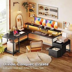 L-shaped computer desk gaming desk with power sockets and LED light strip, storage rack, black