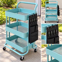 metal utility cart with MDF lid- Turquoise (with 4 Turquoise hooks)