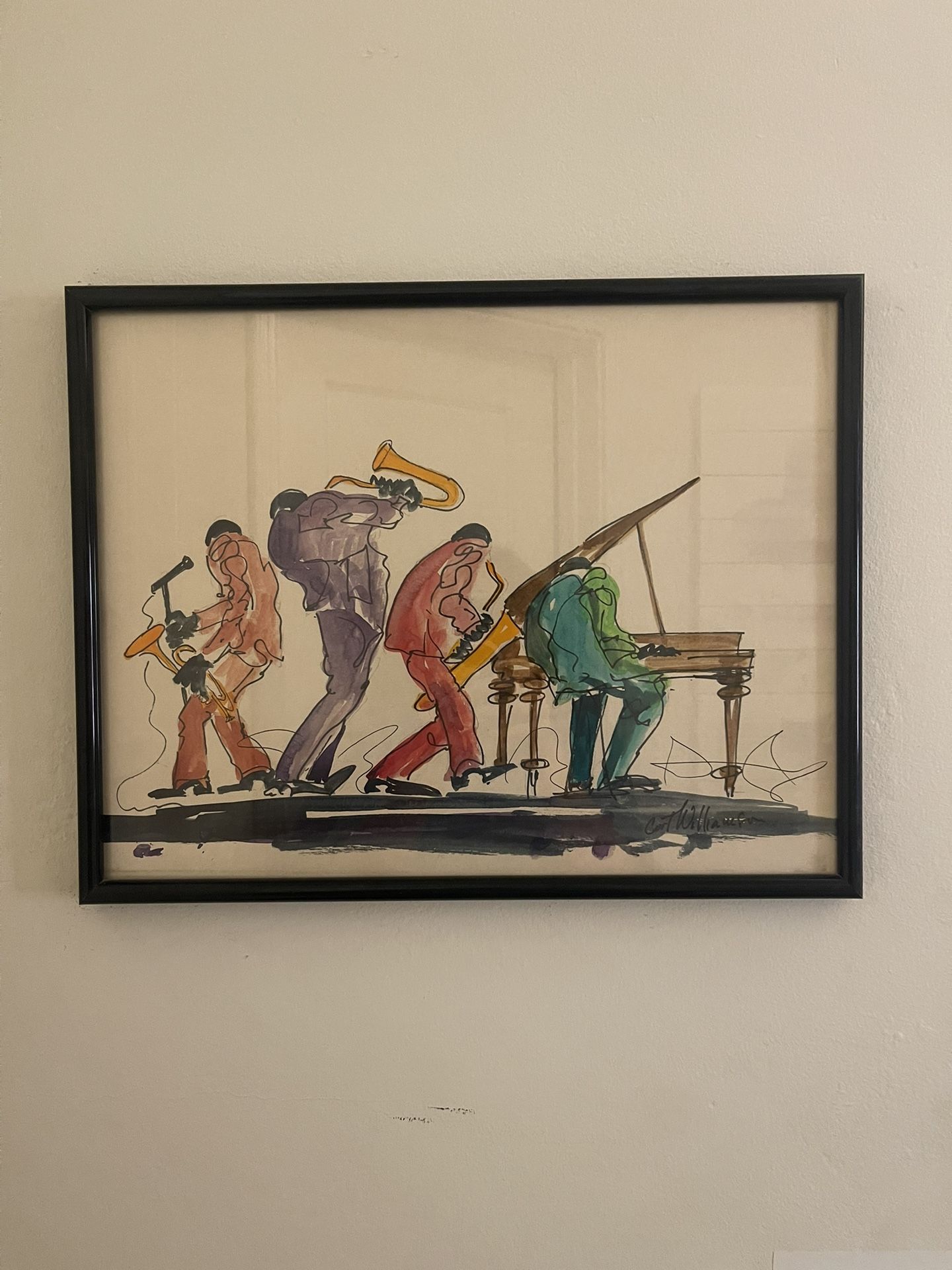 🎨 Original Jazz Musician Watercolor Painting – Signed by Curt Williamson – Framed Art 18.5” x 14.5”