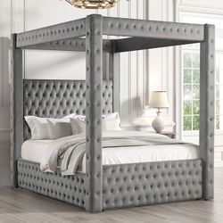 Grey button tufted canopy bed with built in speakers and usb charging ports fully slated brand new in box firm price  Queen $599 King $660