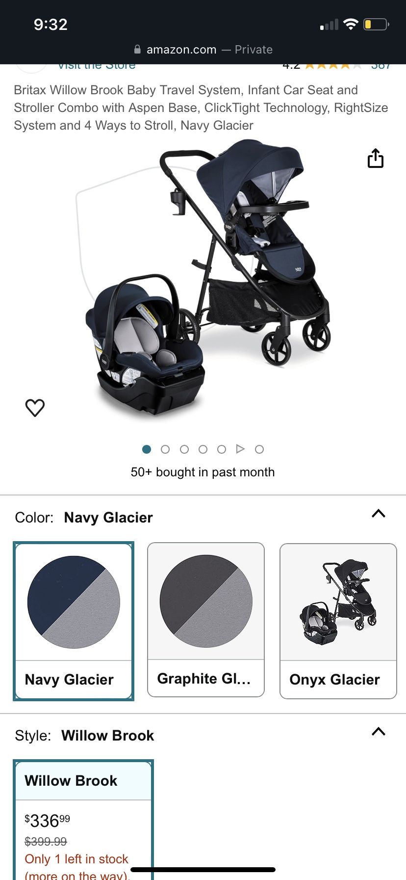 Britax Willow Brook Baby Travel System, Infant Car Seat and Stroller Combo with Aspen Base, ClickTight Technology, RightSize System and 4 Ways to Stro