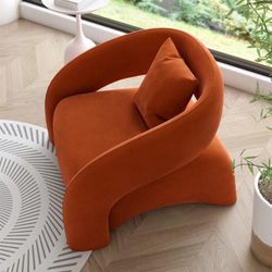 New Modern Curved Accent Chair, Sculptural U-Shaped Lounge Armchair with High-Density Foam Support - Orange Red Frosted Velvet  New in box VD 755OG * 