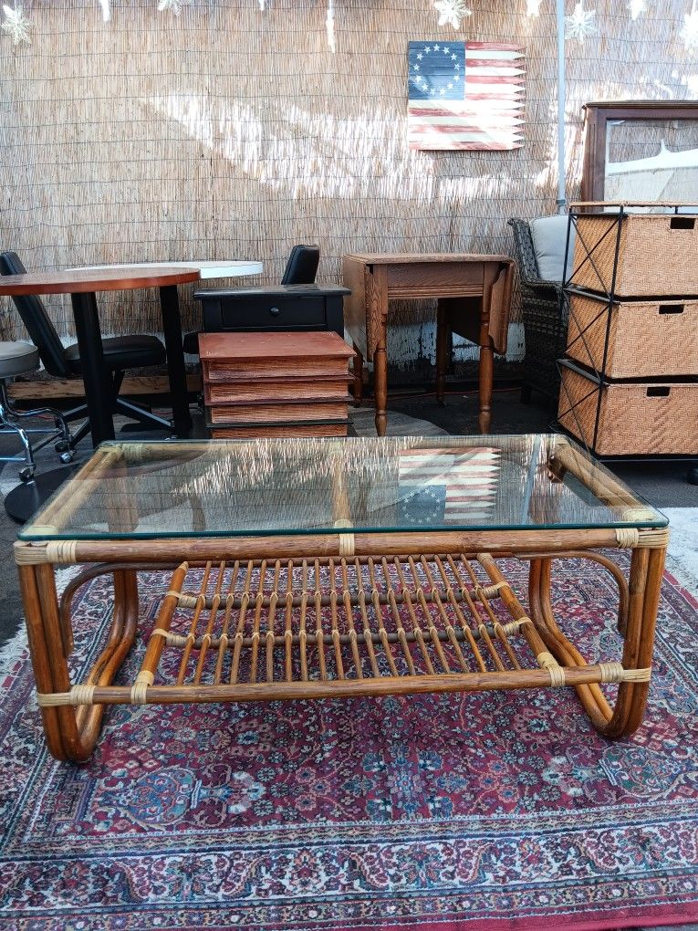 Bohemian Style Glass Top Bamboo Coffee Table With Under Storage Space $125 OBO