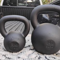PAIR OF ETHOS KETTLEBELLS :  8kg. = 18lb. = $30  /  24kg. = 53lbs.