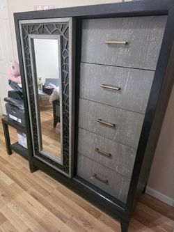 Like New Magnussen Ryker queen panel Bed + Nightstand + Door Chest