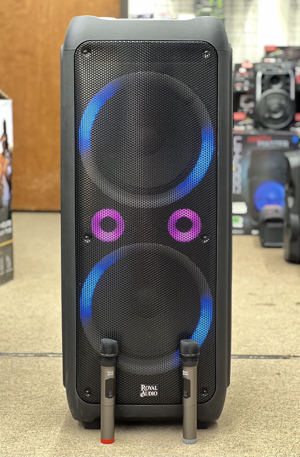 Rechargeable Party Speaker with Dual 12" Woofers and 2 Wireless Mic FREE
