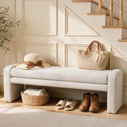 55" Solid Wood ena or bea benc with Lusnion, viouern Upholstered E-ntryw-ay B-e-nch for L-iving R-oom