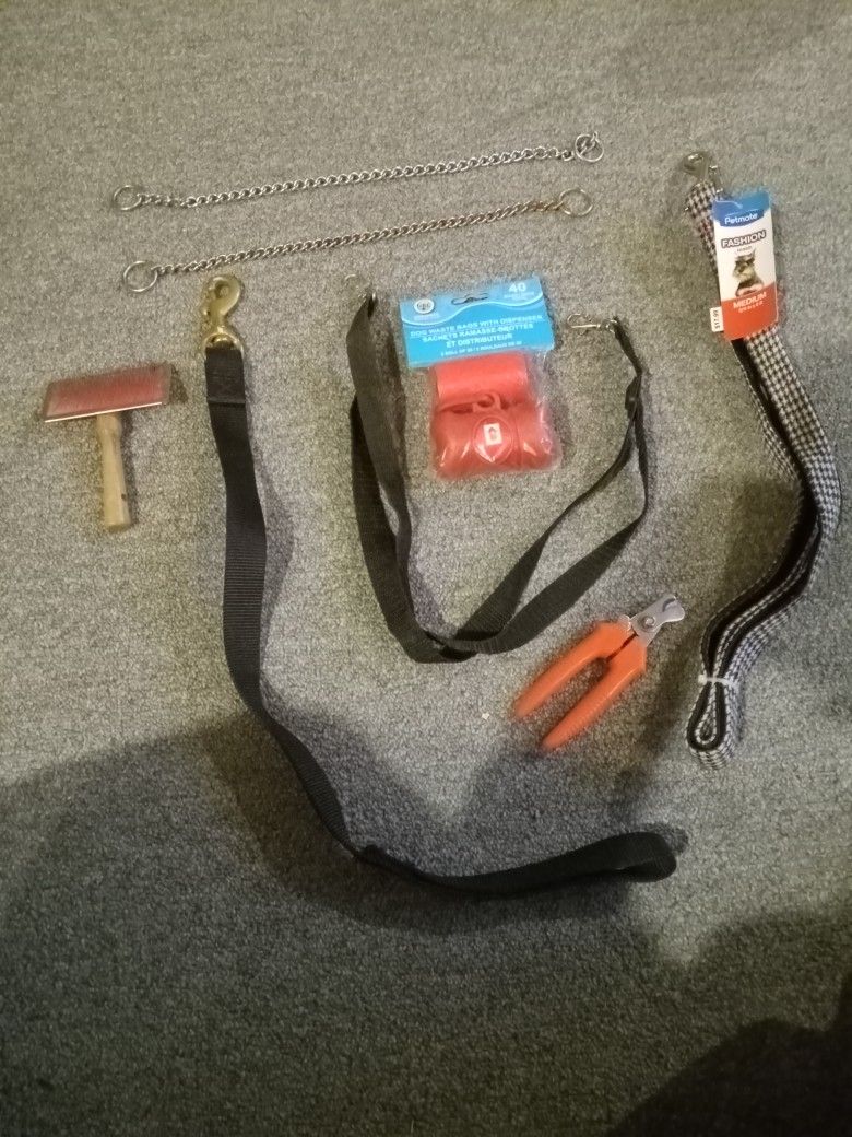 Doggie Stuff 2chain Collars, 2 Leashes, Brush, Nail Clippers And A Harness