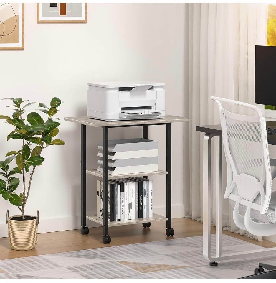 3-Tier Industrial Rolling Printer Stand with Storage Shelves & Lockable Wheels (Oak)