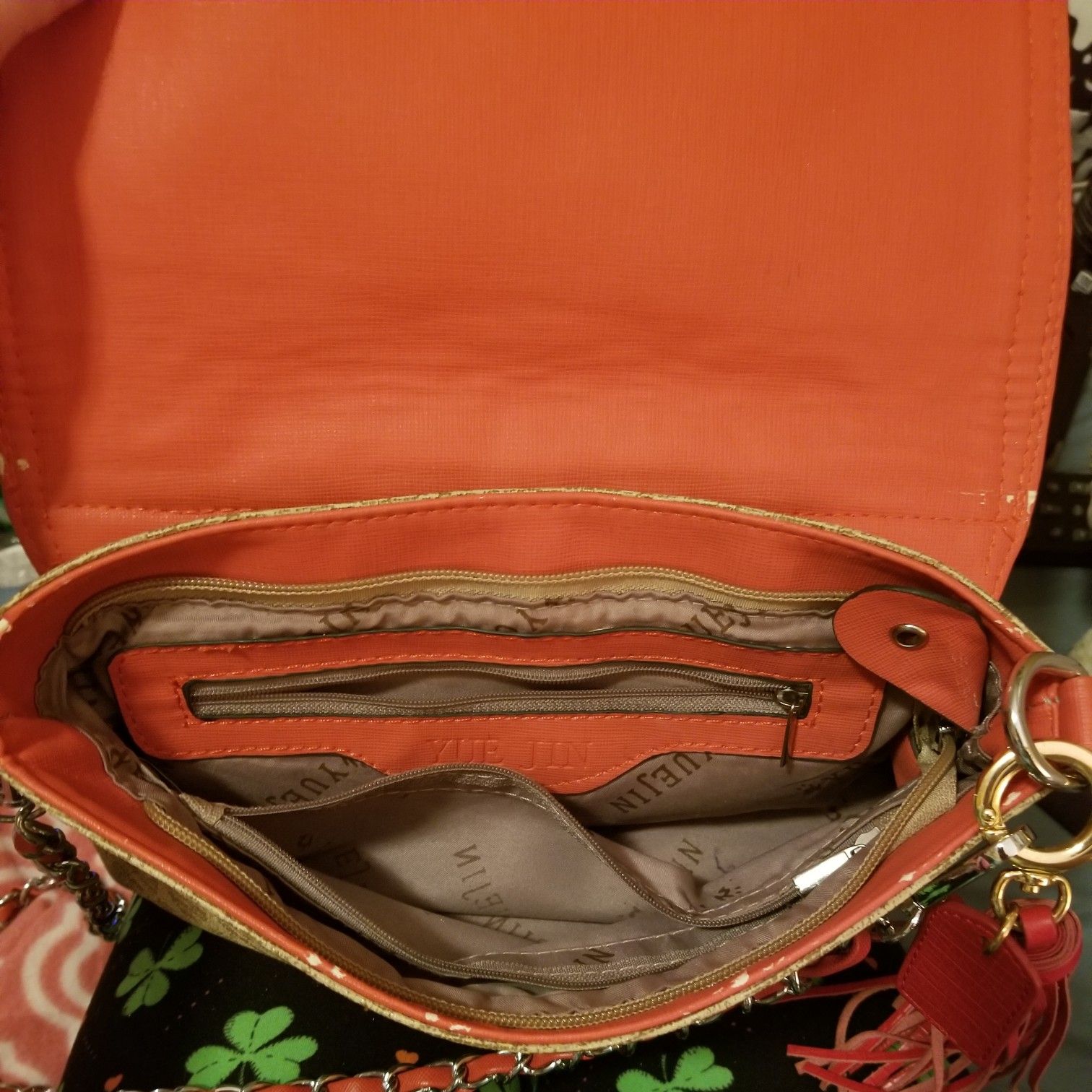 Boutique Coral and Tan Crossbody with studs.