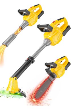 3 In 1 Tool Set Toy With Colorful Light (Clear Yellow) Kids Weed Wacker, Kids Leaf Blower, Chainsaw Toy, Toys Gift for 3 4 5 6 Year Old Boys