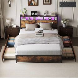 Queen Bed Frame with 4 Storage Drawers and Headboard, Metal Platform Panel Bed with Charging Station and RGB LED Lights, No Box Spring Needed, Noise F