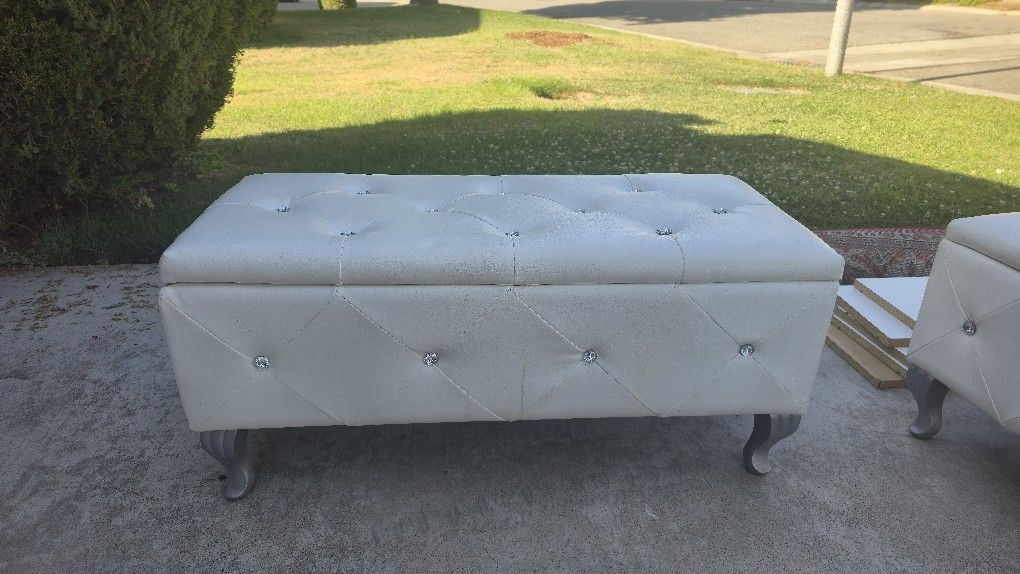 2 White Leatherette Storage Ottomans Perfect For Vanity Or NURSERY!