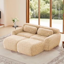 Durham 80" Plush Sofa with Chaise and Ottoman Deep-Seat Design Light Khaki