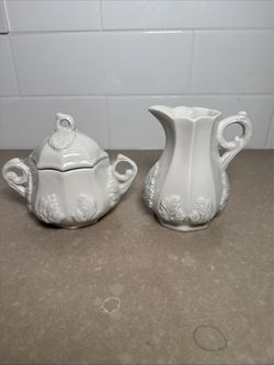 RED CLIFF White Ironstone Grape Creamer and Sugar Bowl & Lid Perfect Condition