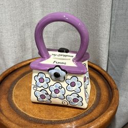 🎀 Ceramic Shopping Funds Purse Bank • Hand-Painted Floral Design (Missing Stopper)
