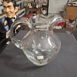 Romanian Crystal Handcrafted Pitcher With Etched Red Berry Bush Design W/Frosted Bow & Ice Guard 8.8"H X 8.5"W Weighs 2LBS 12OZ 