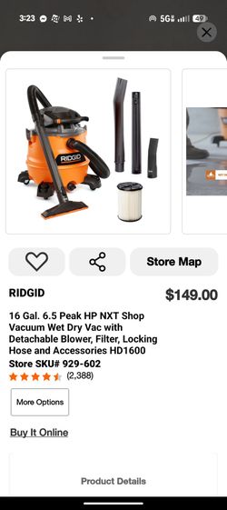 RIDGID 16 Gal. 6.5 Peak HP NXT Shop Vacuum Wet/Dry Vac with Detachable Blower HD1600 – Open Box