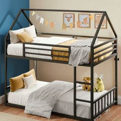 Metal Bunk Bed Frame Twin XL Over Twin XL, with Ladder and Guardrail, No Box Spring Needed, Black