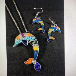 Dolphin Pendant Necklace With Matching Earrings 