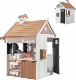 2417a $240  Kids Playhouse Outdoor, 2-in-1 Grocery Store & BBQ Grill Station, Premium Cedar Wooden Children’s Backyard Play House for Age 3-5 with Cas