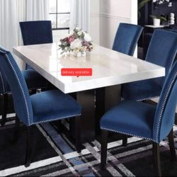 Finland Blue 7-Piece Genuine Marble Dining Set,  Table And Chairs 