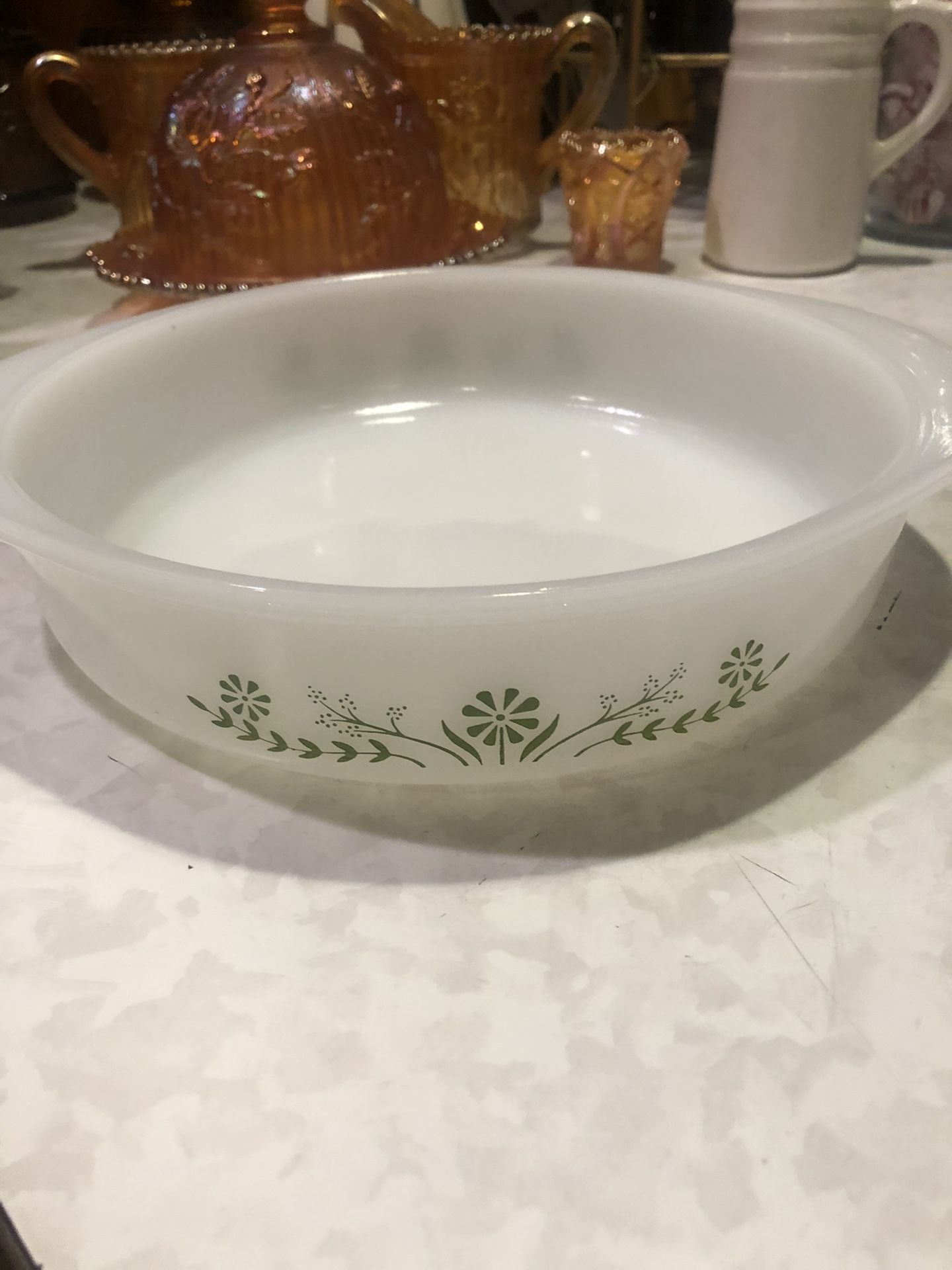 Vintage Glass Bake Milk glass Green Flowers Round Baking Casserole Dish