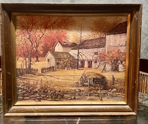 Vintage "Brad" John E. Bradley Framed Autumn Barn Print Wall Art