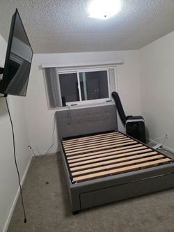 Grey Upholstered Bed Frame with Storage Drawer- used