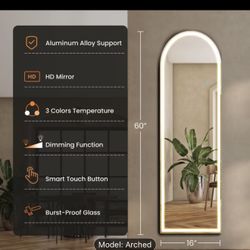 16 x 60 In Arched LED Full Length Mirror, Full Body Floor Mirror Standing Hanging or Leaning Wall, Arch Wall Mirror with Stand Aluminum Alloy Thin Fra