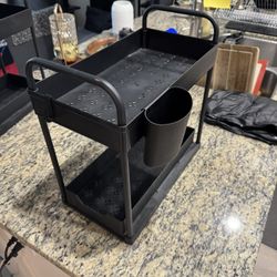 2-Tier Organizer Rack w/ Slide-Out Tray & Cup – 15.5” Wide under sink storage 