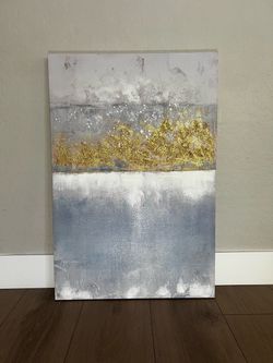 36x24 LARGE White Blue/Grey & Gold Foil/Glitter Textured Canvas Wall Art