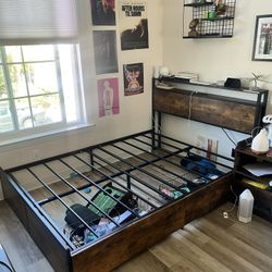 LIKIMIO King Size Bed Frame with 2 Storage Drawers, 2-Tier Storage Headboard with Charging Station, Double Bed Frame King Size for Bedroom, No Box Spr