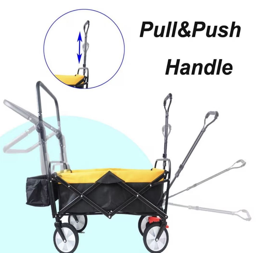 😀 Black Wagon All-Terrain Folding Collapsible Utility Wagon with Push Bar - Portable Rolling Heavy Duty 150 Lbs Capacity Canvas Fabric Cart Buggy