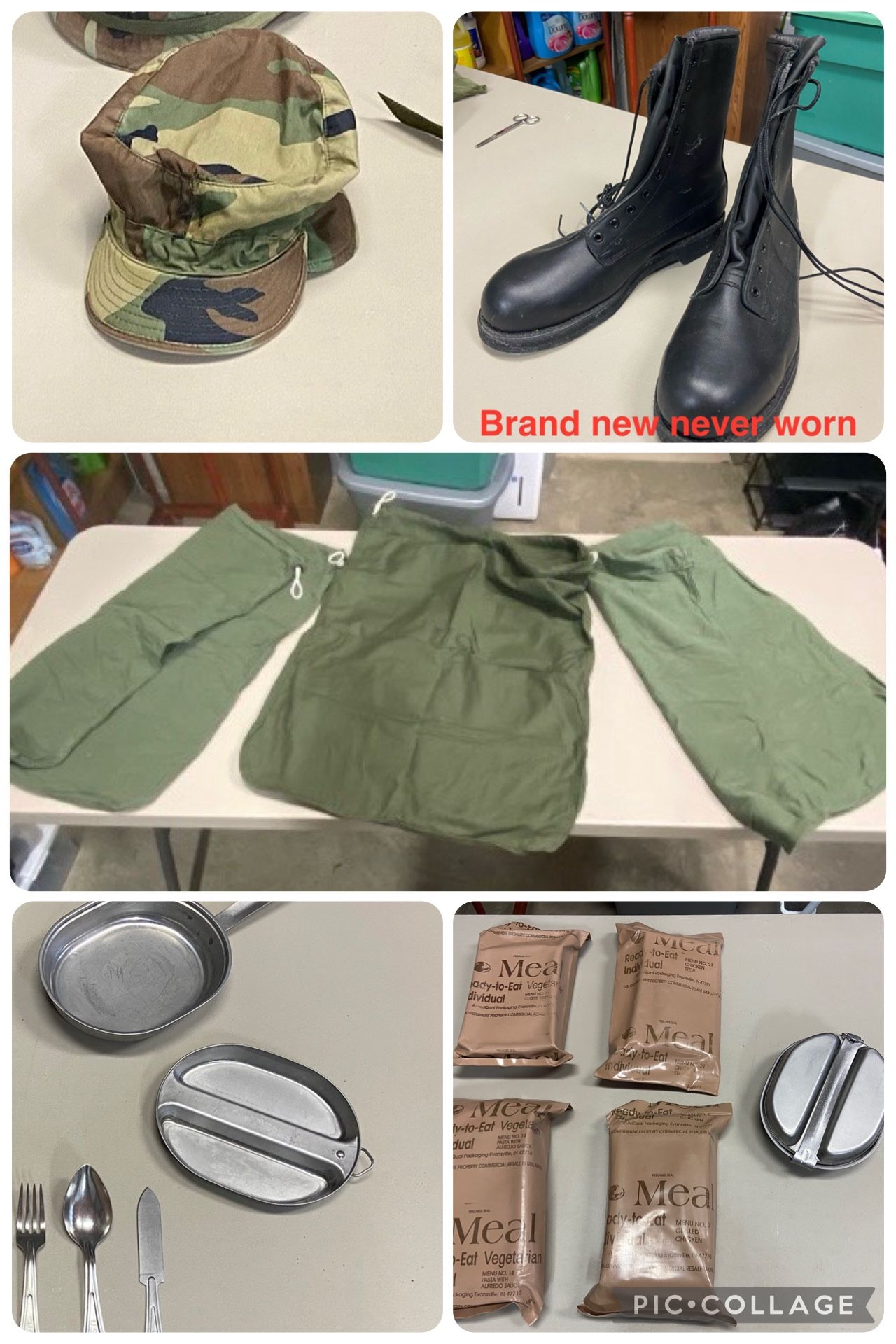 Lots of like new Army Items - boots. mess kit. bags, hat