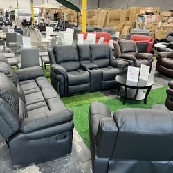 Black Recliner 3Pcs Sofa Set / Juego de sofás reclinables negros de 3 piezas