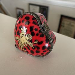 Vintage Old Handmade Angel Red Ceramic Heart Small Trinket Box Jewelry Box