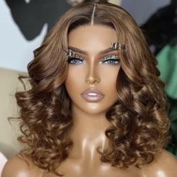 Bob Brown Short Wavy Wigs T Part Lace Front 100% Human Hair Wig For Women