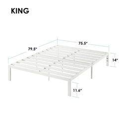 Brand New (Damaged Box) Mellow Metal Platform Bed with Patented Wide Steel Slats, White, King