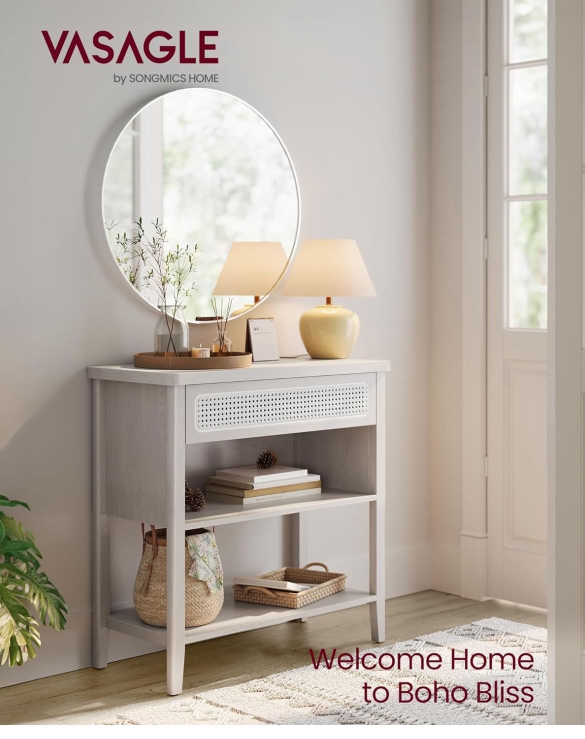 Console Table with Power Outlets, Entryway Table with Storage Shelf, Sofa Table with Drawer, Open Compartment, Rounded Corners, for Living Room, Boho 