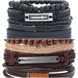 2 x Set Adjust. Size up to 9.5inc Leather Bracelet, (Cross_2-Will/Way)