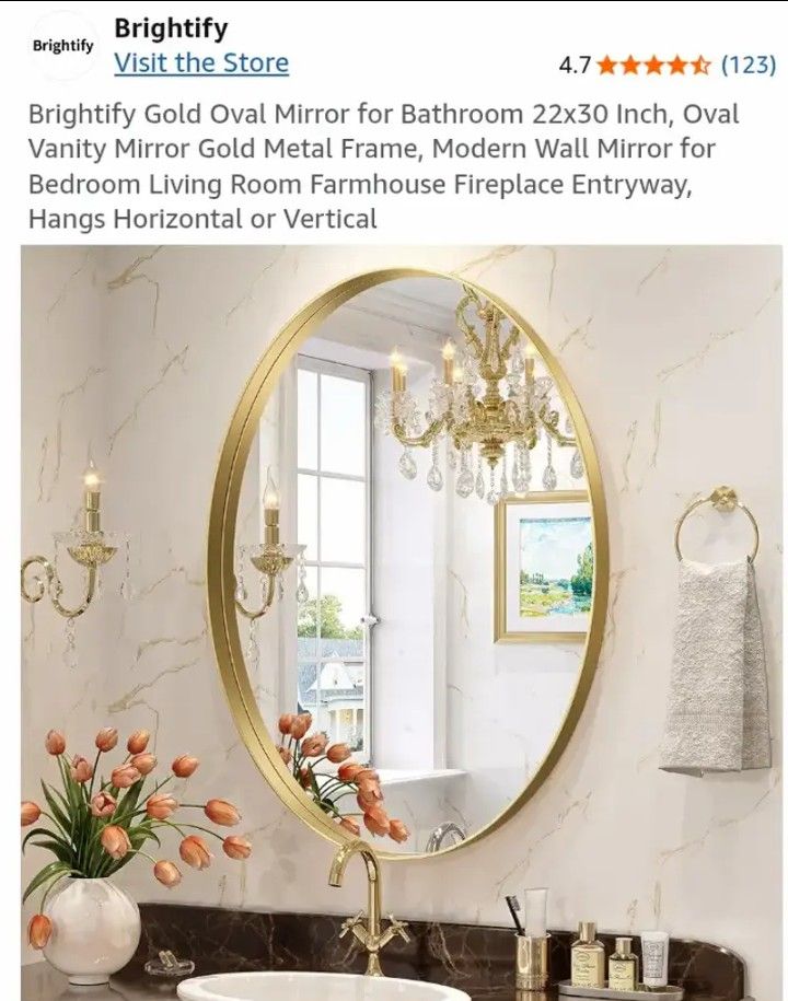 Brightify Gold Oval Mirror for Bathroom 22x30 Inch, Oval Vanity Mirror Gold Metal Frame, Modern Wall Mirror for Bedroom Living Room Farmhouse Fireplac