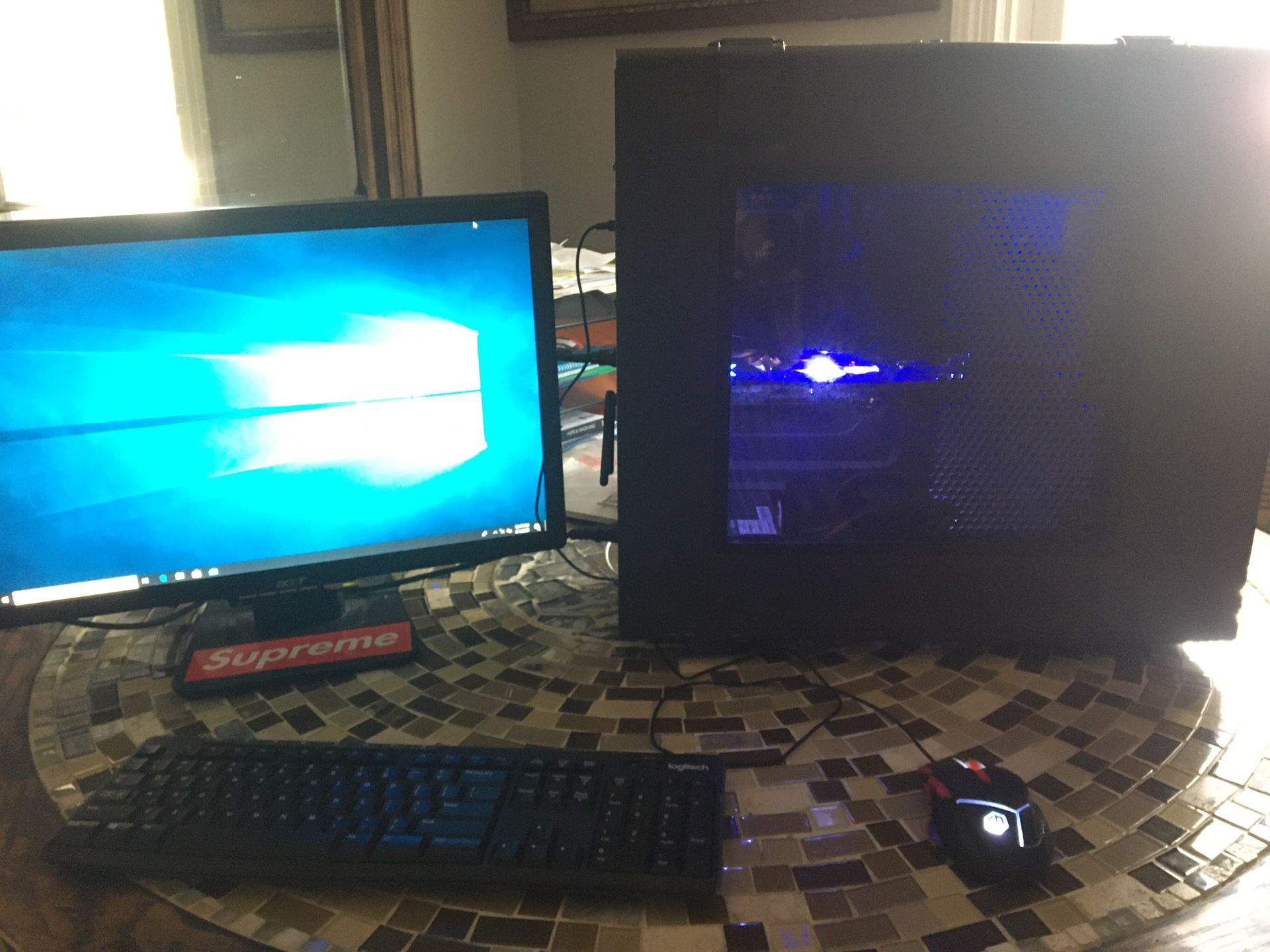 Gaming PC With Water Cooling, monitor, and keyboard and mouse