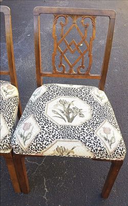 4 Antique Vtg Wood Upholstered Dining Chairs Windsor Floral & Leopard Print